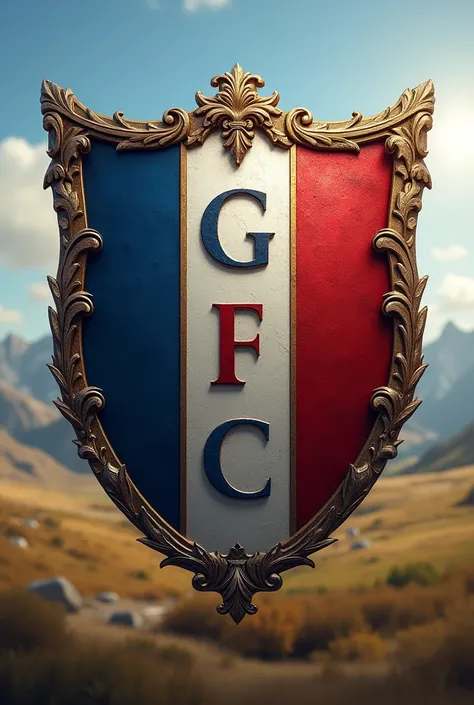  I want a shield with the colors blue ,  white and red and that has the letters G,  F and C 