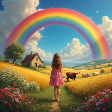 French rural landscape ， 1 girl in front of colorful swirls， Surrounded by a magical and colorful environment ,  Colorful flowers , Rainbow sky .prospect, Vision, Rolling fields ，ox，sheep， lush green meadows ，Golden wheat fields，Traditional stone house ， H...