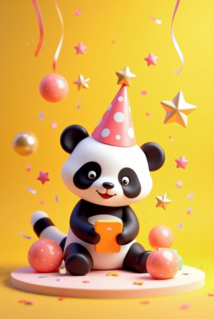 A lovely minimalist 3D illustration of a chibi panda, wearing a cute birthday hat with a star on top. The panda is happy, looking at a mobile phone, surrounded by large 3D stars on the front. The background is filled with stars, confetti and streamers, cre...