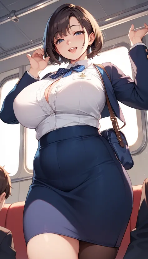  best quality, masterpiece,   ultra high resolution,  one woman, Mature, Happy smile,  short hair on the side of the uniform,  plump body , ,  Movie Lighting, from below , A high school girl on a crowded train、 Big Breasts 