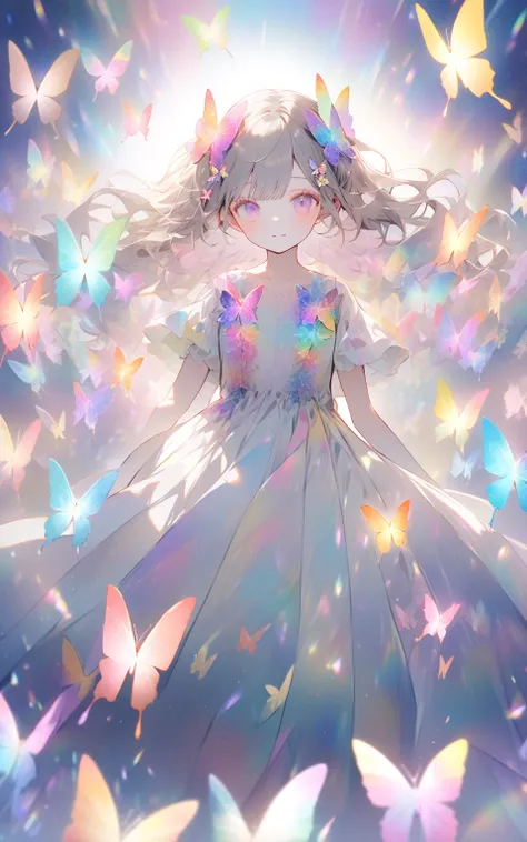 蝶と虹のトンネル
A pastel girl walking through a glowing tunnel of butterflies and rainbows. Her dress, soft and flowing, reflects the kaleidoscope of colors. Her hair is adorned with glowing butterfly clips, and the tunnel is alive with gentle, fluttering motion.