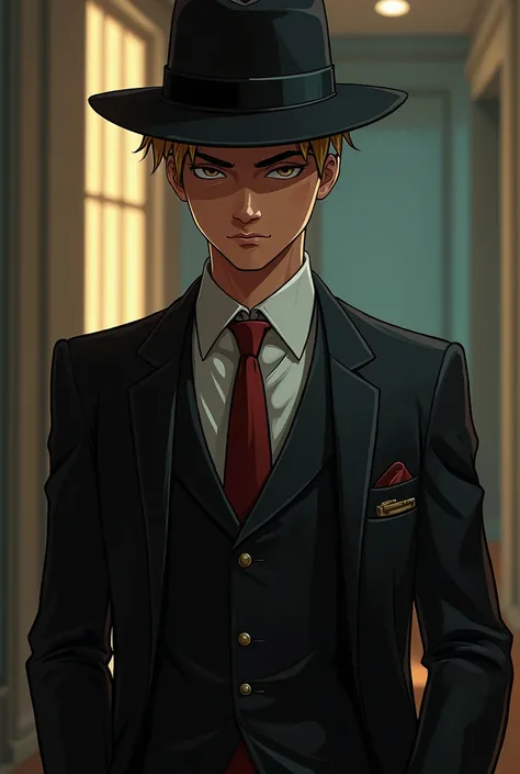 Draw a seventeen-year-old skinny teenager wearing mafia hats with good expensive clothes in a beautifully well-groomed suit with an angry face