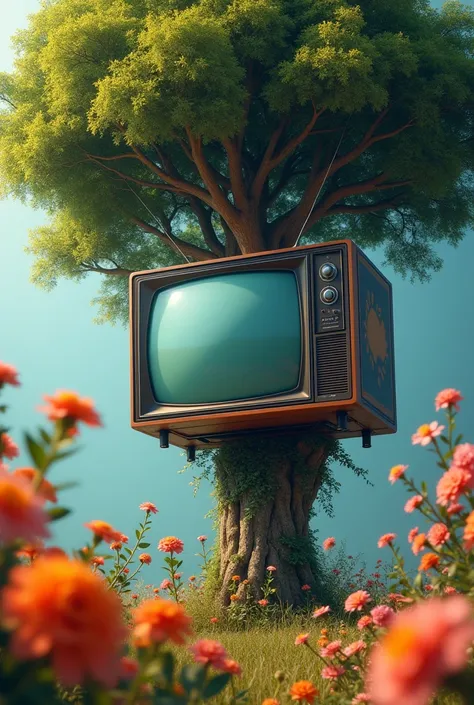  a TV with no picture hanging from a beautiful tree surrounded by flowers