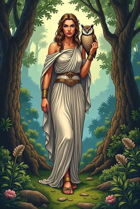 Blue-eyed goddess Athenea with the owl of wisdom and caring for a forest,Echo like old school tattoos 