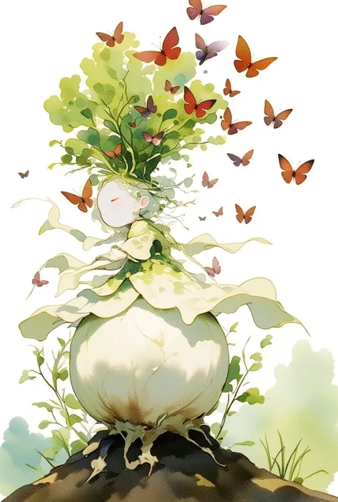 A white-skinned cute daikon lady emerging from the soil. wearing dress made of daikon skin, green leaves hair. looking down. Countless reddish purple butterflies on her hair. fantasy art, watercolor painting