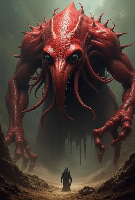 cnidathqua with bird’s bill and many tentacles and many eyes, very large size and look terrible red skin, H.P. Lovecraft style
Not humanoid like a blob and fish shape mixed with squid shape