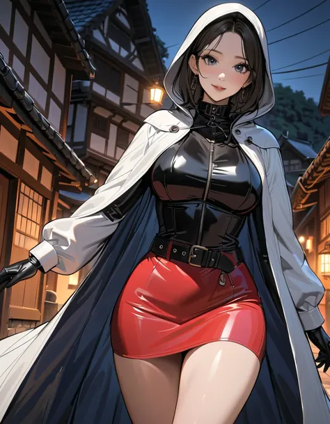 anime semi realist south korea women hood up latex coat with long sleeve cape and latex long wide Skater skirt very higth latex heel and latex gloves equipped hidden blade in medieval south korea village in summer at night, and walk ,4K sophisticated and h...