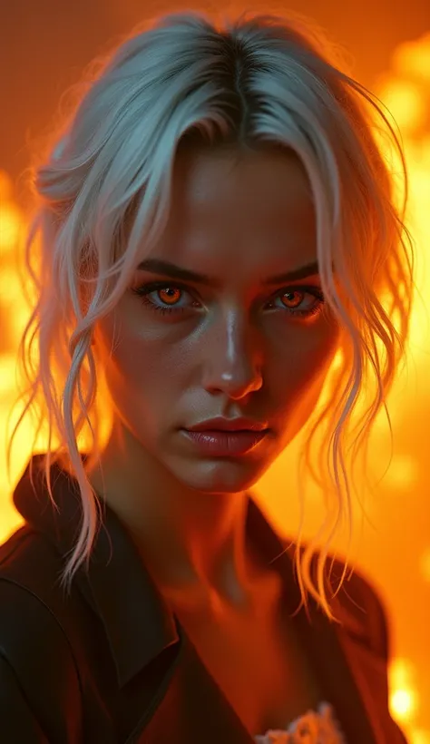 a 30 year old woman with orange eyes looking fiercely at the camera, middle white hair with choppy ends, with details of flames around it, orange and yellow hue, half of the body.