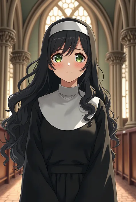  An anime-style nun with black hair curly so curly,  the hair is too curly , upset, So much hair ,  and bust length ,  she is wearing a nuns costume ,  standing inside an elegant cathedral  .He has black hair and smiles softly .  Green eyes and freckles ar...