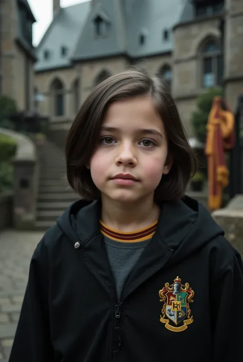 student at hogwarts, , Dark brown hair, Shoulder length hair, Hair tie, dark brown eyes, young boy, realistic, Hes wearing a hogworts uniform