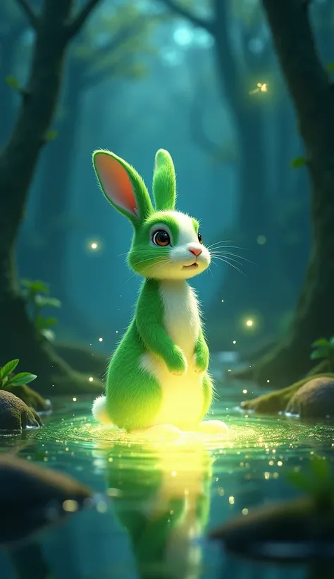 Oliver, the green rabbit, stands before the glowing magical spring, drinking from its sparkling waters. Slowly, his rabbit body begins to glow with an unusual light. Over time, the top half of his body turns a pure white, while the bottom half remains gree...