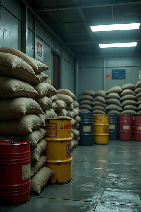 Create an image of chemical drums and sacks in a customs office that looks very real 