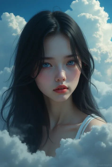  Face of a woman with long straight black hair blue eyes. Where of the sky with many clouds  