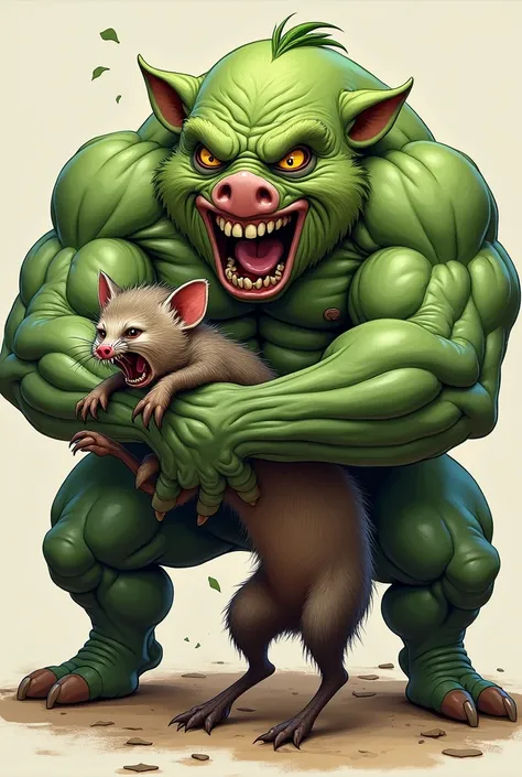 A pumped-up green pig giving a crazy possum an arm wrench 