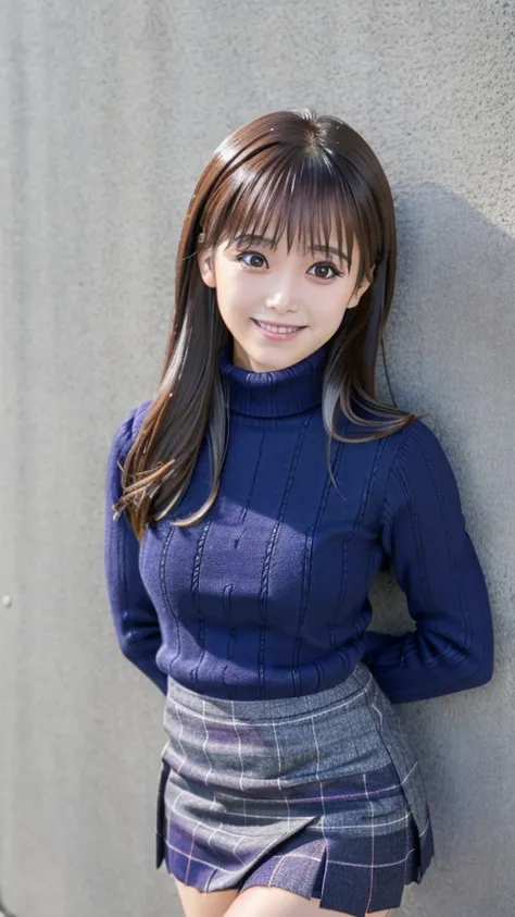 pixel perfect, Perfect in every detail, alone, 1 girl, Saten Ruiko, medium breasts,wave hair,turtleneck,,mini skirt,smile,stylish pose,stylish angle,looking at the viewer,in the center of the image,alone,