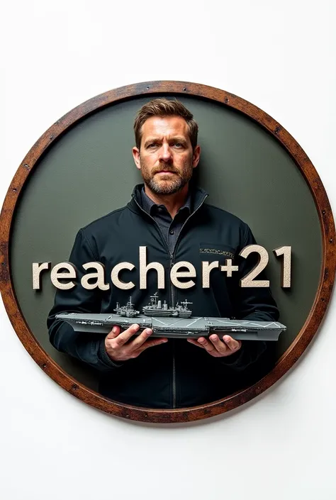 Un emblème  rond avec écrit REACHER☆21 écrit en relief  sur fond limage de lacteur de la série reacher qui tient une maquette du porte avion nimitz dans les mains , limage ne doit pas dépassé du cercle 