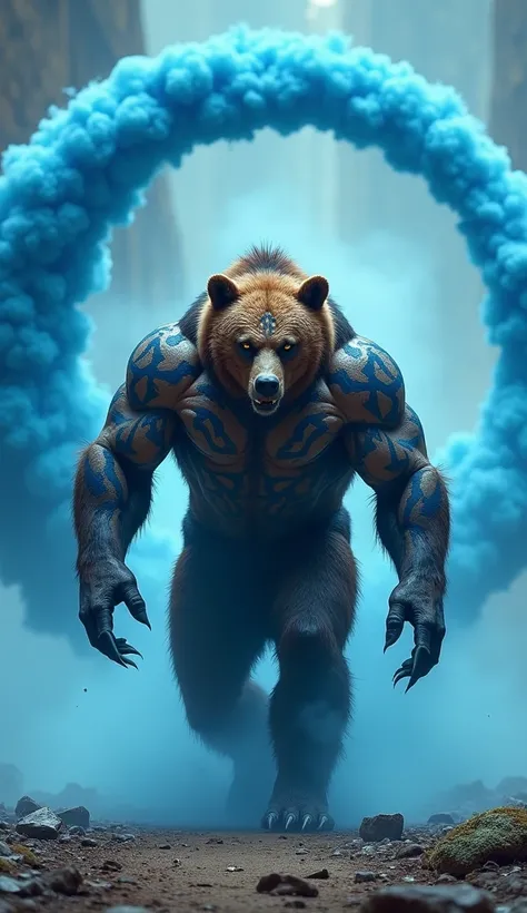 A muscular bear-headed creature with a rugged, brown-furred face and piercing eyes marches forward on a cool blue background. Its muscular body is inked with bold blue tribal tattoos, and it wears navy blue pants, while swirling blue dust surround it a per...