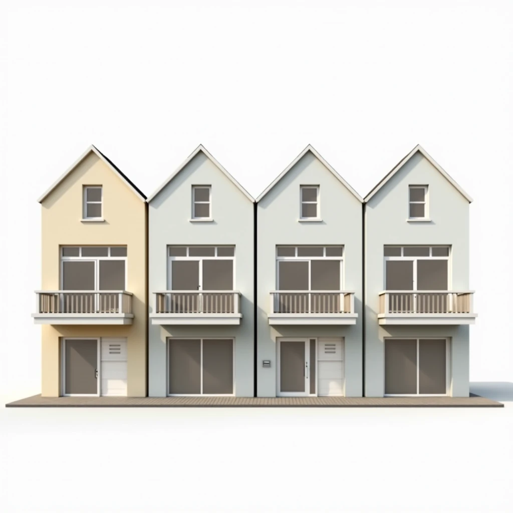 A quadruplex house isolated against a white background, showcasing a multi-unit residential building. The structure consists of four individual, side-by-side living units, each with its own entrance. The architectural design is modern and clean, with large...