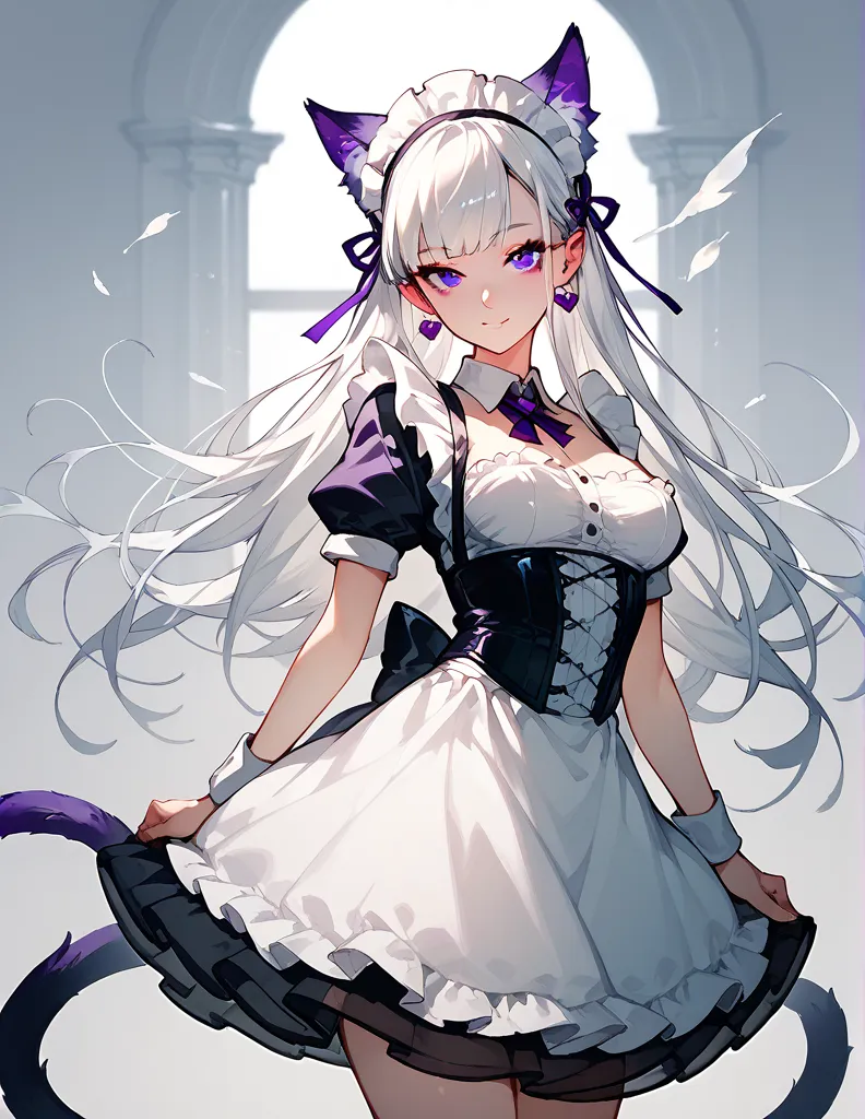 semi-human , with cat's ears and tail ,  of white color and white hair, wearing a maid's dress ( doesn't cover her breasts compl...