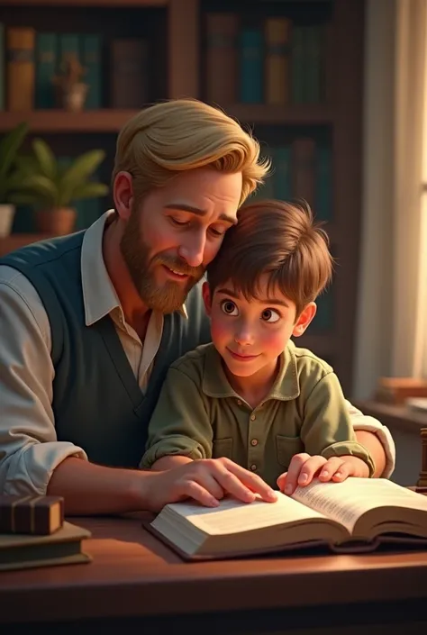 Blond father teaching his ten-year-old son to read the Bible 