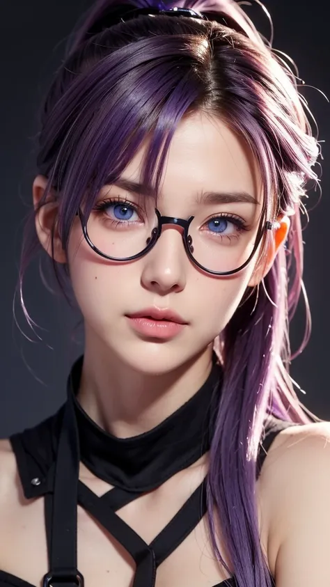  high resolution,  anatomically correct, purple hair, ponytail, ((Big breasts)), blue eyes, Lips slightly open, blushing, goggles, Mole on the corner of mouth/Beauty mark,  Anime Style, Single, 