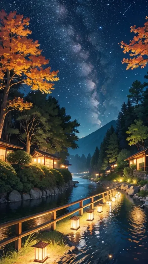 Starry sky, fireflies and river at night in the Japanese countryside