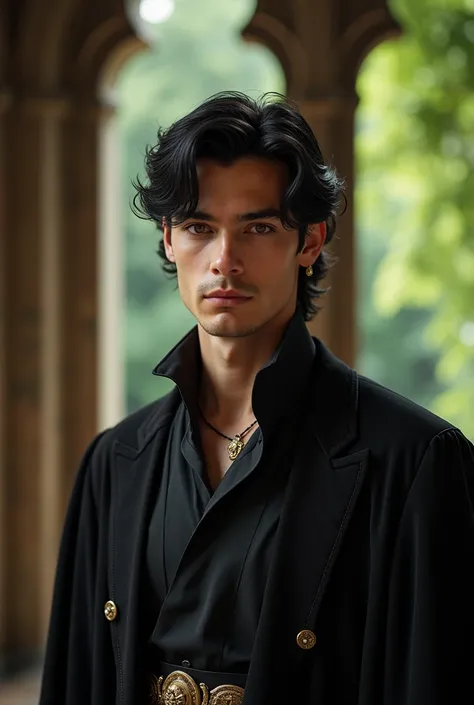 (photorealism:1.2), Generate the image of a strong 20-year-old man. Silky black hair and brown eyes. Black princely clothes. A sensual man. Handsome. Gold rings on his fingers. Scene behind him is a window overlooking a garden. Medieval style. Game of Thro...