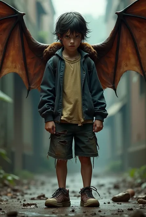  A 16-year-old boy is standing in school clothes with an angry face in the arms of a bat, All clothes are dirty . Ripped realism sneakers 