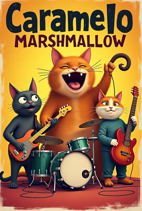 poster with the name of the band CARAMELLO MARSHMALLOW, a burly singing cat, a singing cat, a bassist cat, a guitarist cat and a drummer cat