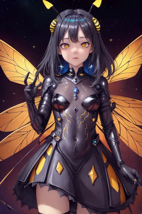 Fallen Angel of Space, Bright and clear eyes, Biomechanics, strange, scared, nightmare, Very bright color, Particles of light, In bright light, Musif, Wallpaper Art, UHD wallpaper: beegirlz+, standing, 1girl, bee girl, antennae, insect wings, yellow skin, ...