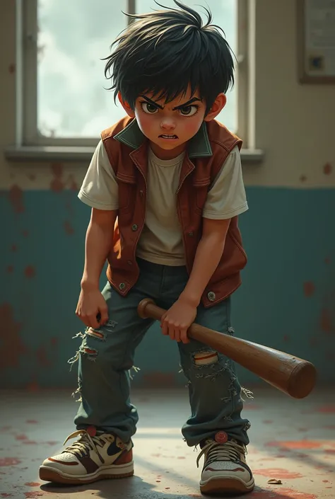  style sneakers A 16-year-old boy in school clothes with an angry face in the hands of a bat, All clothes are dirty . TORN BULLY  