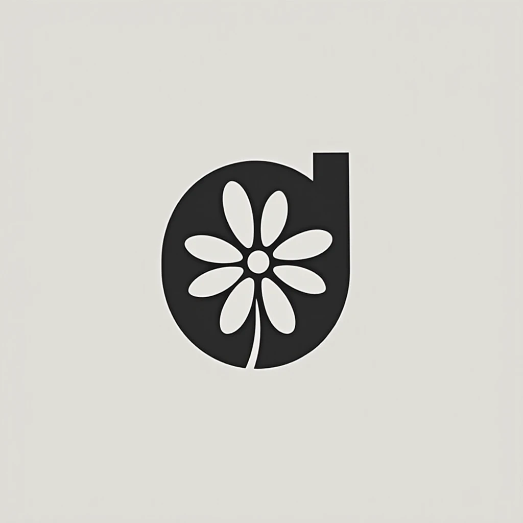 "D" letter logo combined with simple stylized daisy, modern style, youth. white and black