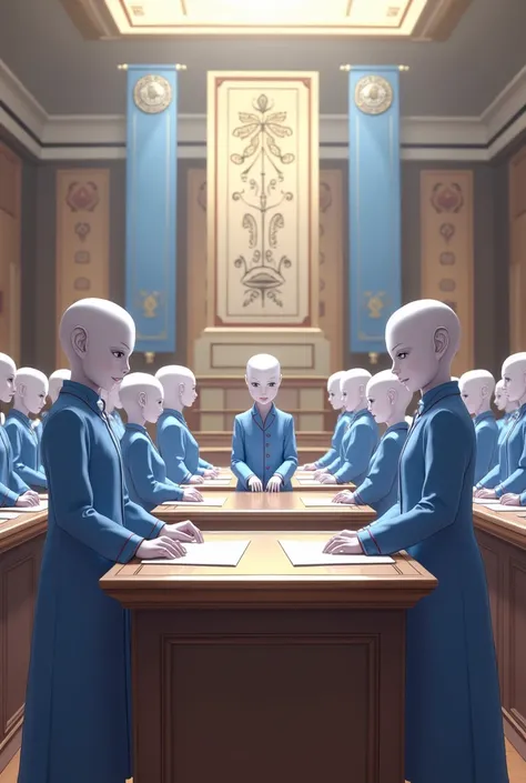 group of ren voting in light blue uniforms and congress-like school background