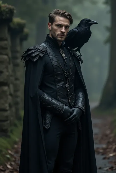 Make a man full-length, in black gothic clothes, with a raven on his shoulder and attractive, against the background of a dark kingdom