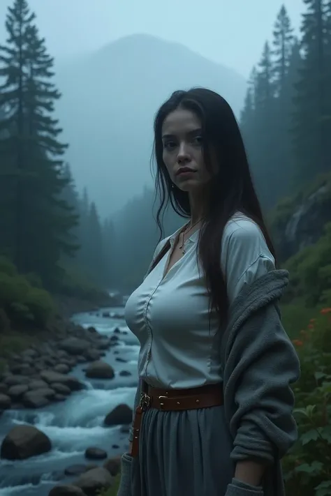 installation of , white shirt, grey skirt ,  belts , (( In the forest of a rock river )), night, fog, hiking, pullover, orgasm,  high resolution , 4k, hdr, 1gadis, photo realism, realistic,  big boobs, ((whole body))  turned the face towards the audience, ...