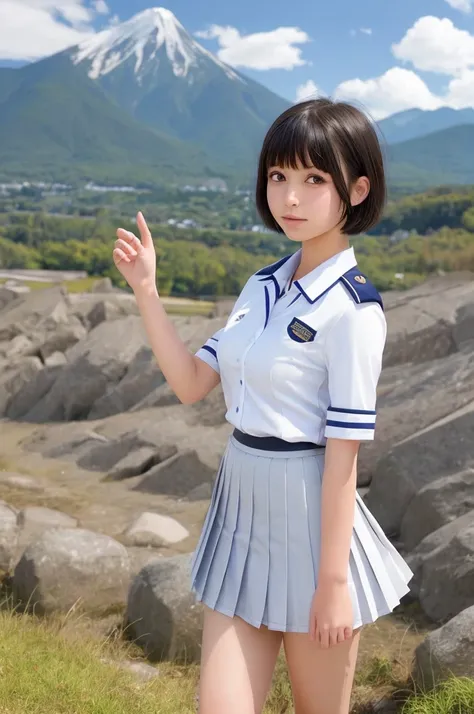 Japanese、High school girl、 pleated skirt、 short hair on the side of the uniform、Mountain background、Beauty