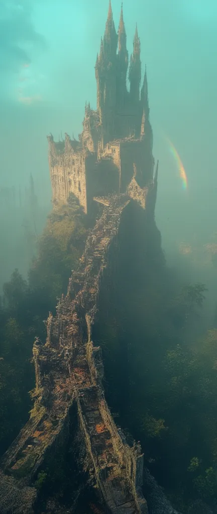 a very old bridge \( float in the sky , 即将倒塌,  many rainbows shine through the mist \) connected to an ancient castle  float in ...