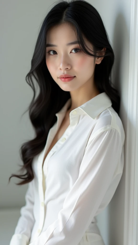 A beautiful Asian woman with long legs, black hair, elegant temperament, D cup. She was wearing a white shirt and her expression was calm and elegant. The background is simple and uncluttered, highlighting her sophisticated style and tranquil demeanor.