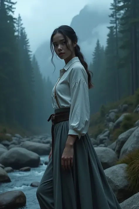 installation of , white shirt, grey skirt ,  belts , (( In the forest of a rock river )), night, fog, hiking, pullover, orgasm,  high resolution , 4k, hdr, 1gadis, photo realism, realistic,  big , ((whole body))  turned the face towards the audience, close...