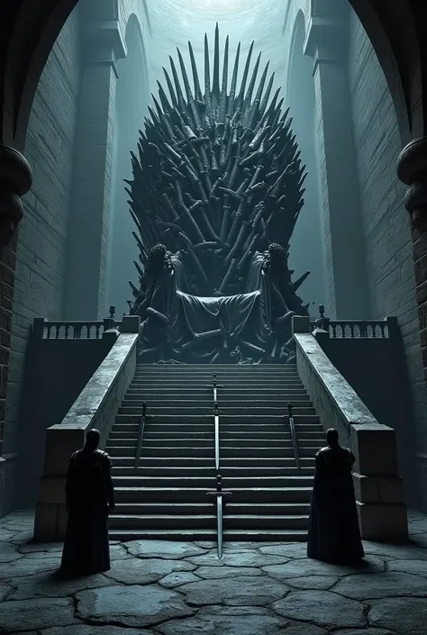 iron throne with staircase with swords embedded in the stairs with two guards protecting him inside a shady castle