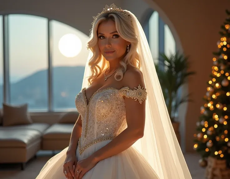  full body image of a beautiful mature 55-year-old woman,  with Venezuelan features, Wear a sexy wedding dress with a white veil with gold details, blonde hair long straight hairstyle , Light brown eyes, curvy physique,  curvy body, big breasts size 42DD ,...