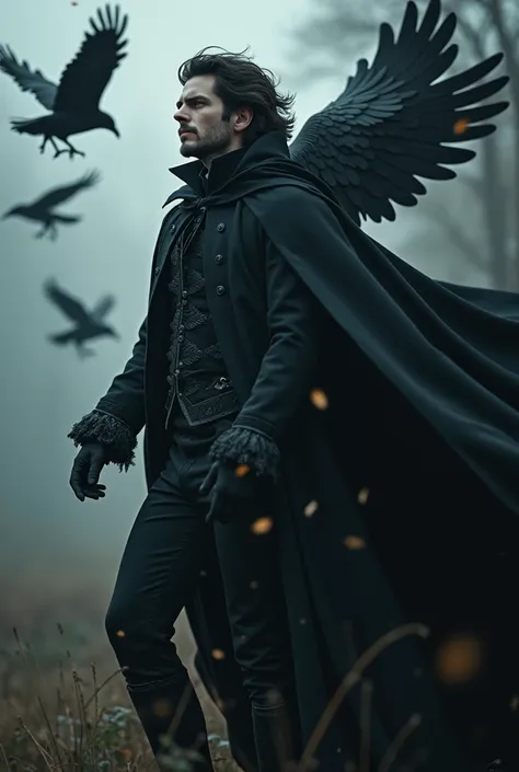 a dynamic photographic rendering of a handsome yet spooky man he is wearing 19th century clothing with his cloak turningg  into ravens  as the wind blows strongly from the left, debris, a dynamic pose, intricately detailed masterpiece, raw photography, dar...