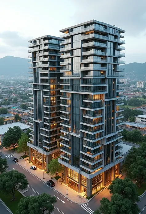 "A detailed scene of medium-rise urban buildings in Costa Rica, designed for commercial and residential purposes. The buildings have modest height, with sleek glass facades, concrete structures, and steel frameworks, incorporating balconies and large windo...