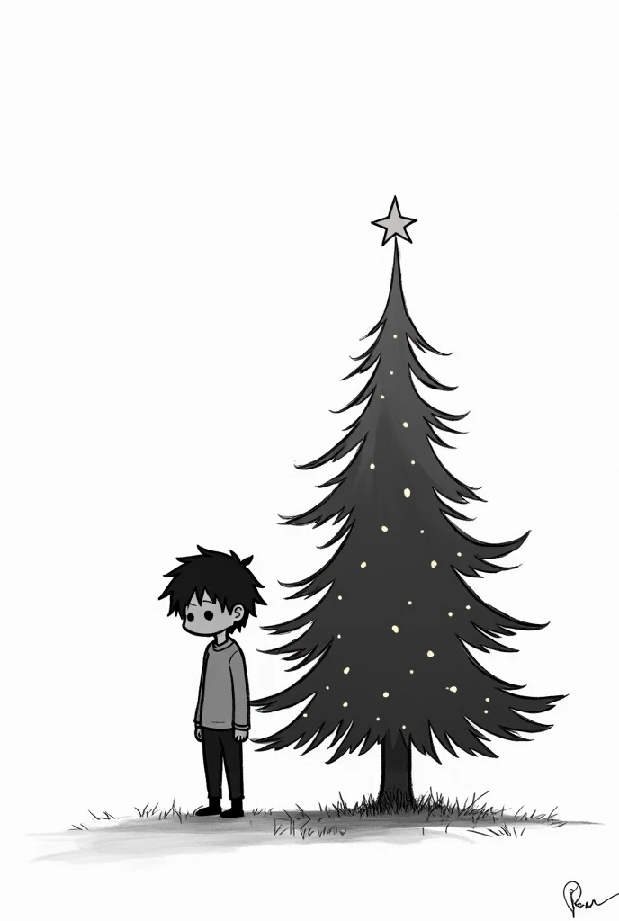 Generate an image to color , That is, sin color,  but that the drawing is underlined with black :  with sad ren and a Christmas tree but with the missing star 