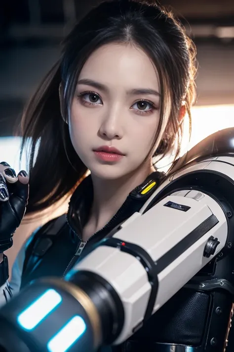  Play,(( best quality、In 8K、masterpiece:1.3))Equipped with a silver-white mechanism， girl with a beautiful face ， High Quality， ultra clear ，  facial features are delicate and clear，Armageddon，Mechanical Arm，  EXQUISITE DETAILS  ，(Clattering toes)、Machine ...