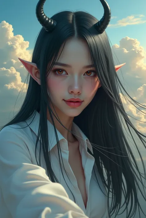  Face of a woman with long straight black hair , horns on his head, reddish eyes, Flirty smile and fangs, Sunset sky background with lots of clouds 