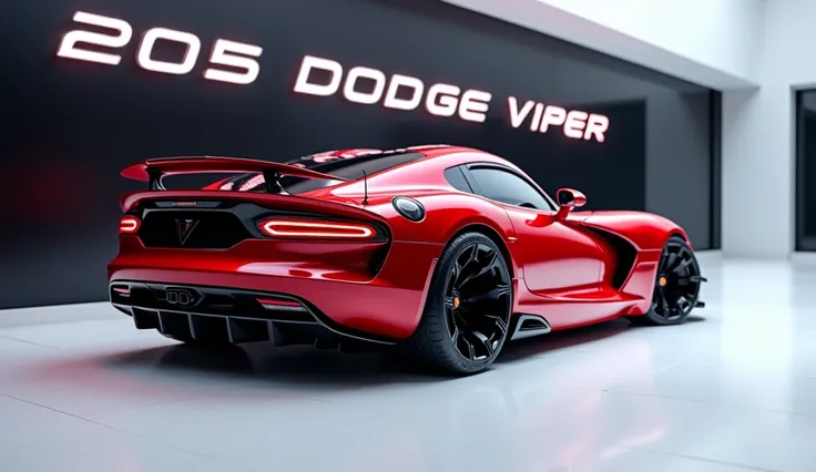 A captivating image of a 2025 Dodge viper center stage in a luxurious white showroom. The futuristic, vibrant (red) exterior gleams, showcasing its sleek, aerodynamic design and bold accents. The words 2025 Dodge viper are prominently displayed in large, m...