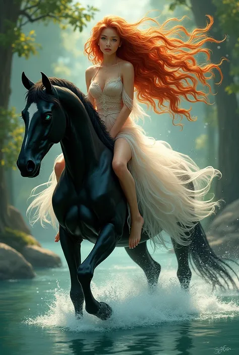  Create a Manhua-style artwork featuring a woman with long curly red hair, swaying in the wind, green eyes, seductive look,  Are you wearing a transparent dress , embodying the essence of a beauty goddess .  She is sitting gracefully riding on a blue-eyed ...