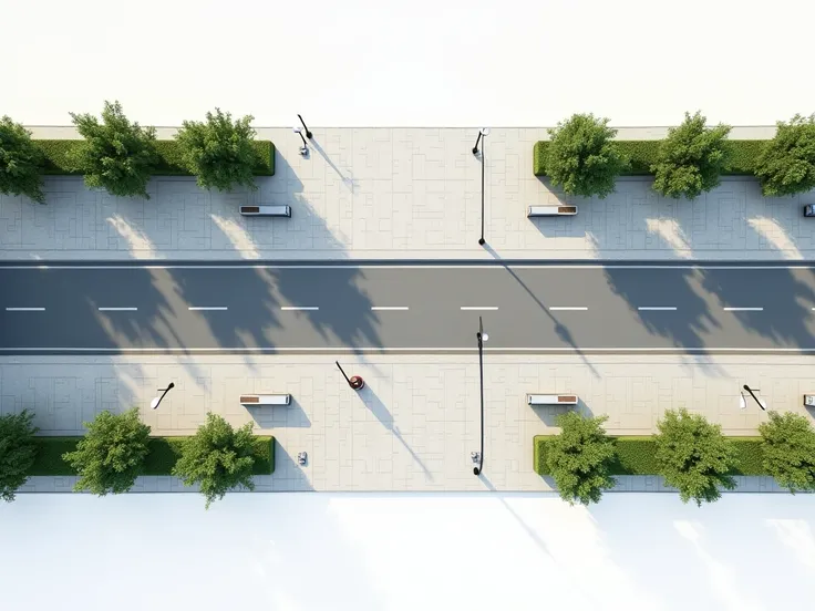 A top-down view of a modern urban main street on a white background. The street features wide, clean sidewalks, a paved road running through the center, and decorative street lamps and benches along the edges. Small trees or bushes add greenery to the scen...