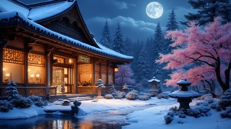 Hyperrealistic photo 8k Traditional Japanese temple with sloping tiled roofs and intricate wooden details. The walls feature large windows made of wooden frames with translucent paper (shoji screens), warmly illuminated from inside, casting a soft golden g...